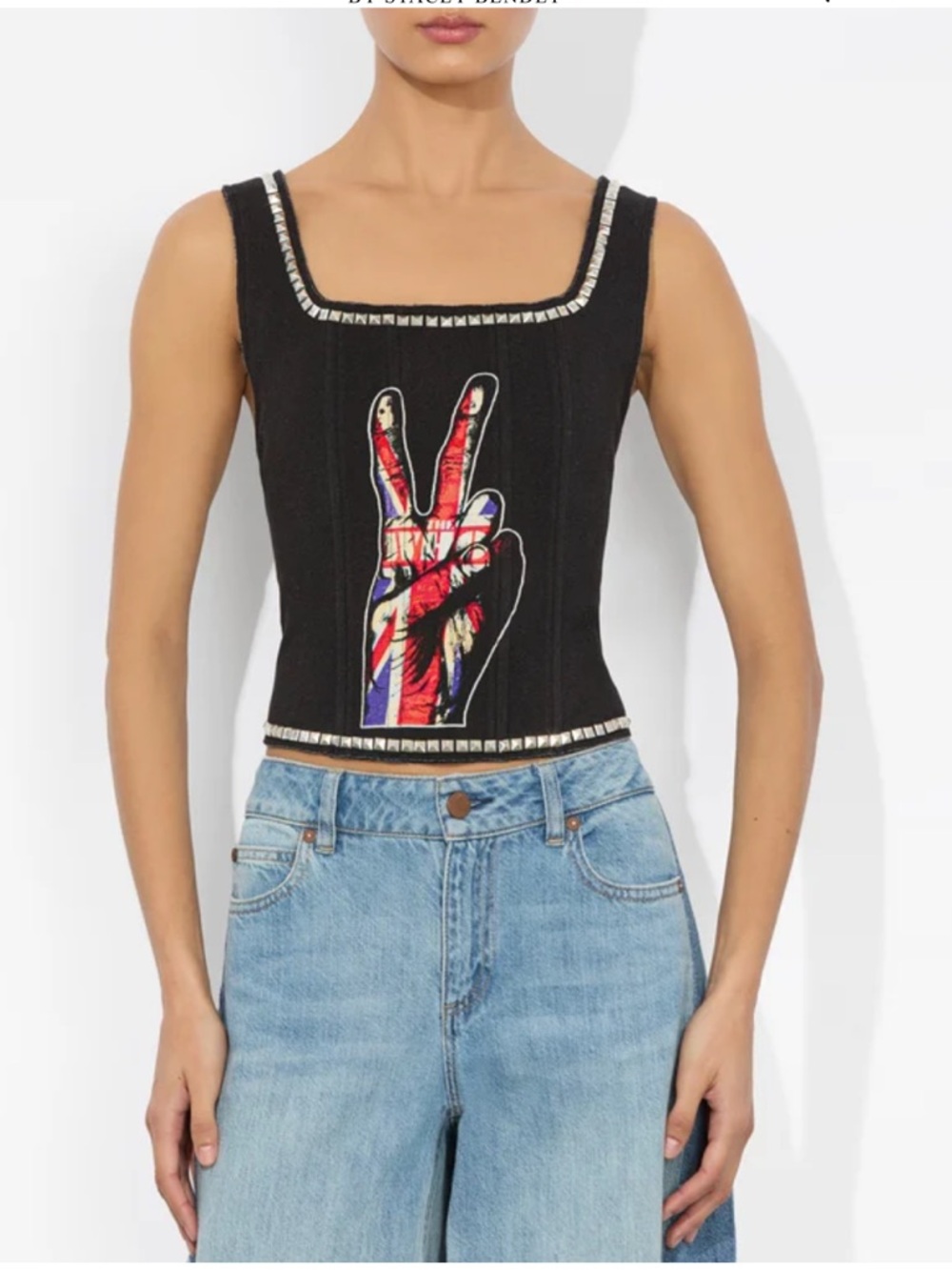 Alice + Olivia Black Breslin Band Tee Corset Top The Who Peace Graphic